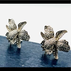 Vintage silver clip on marcasite paved iris floral earrings exquisite